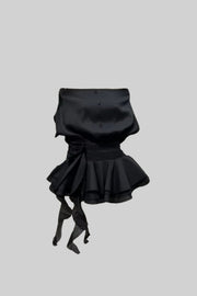 Elegant Mini Dress With Peplum Hem And Rosette Waist Embellishment - Black