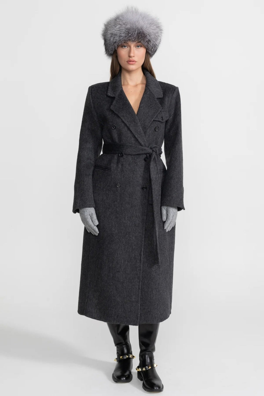 Double-Breasted Wool Coat With Waist Belt – Charcoal Grey