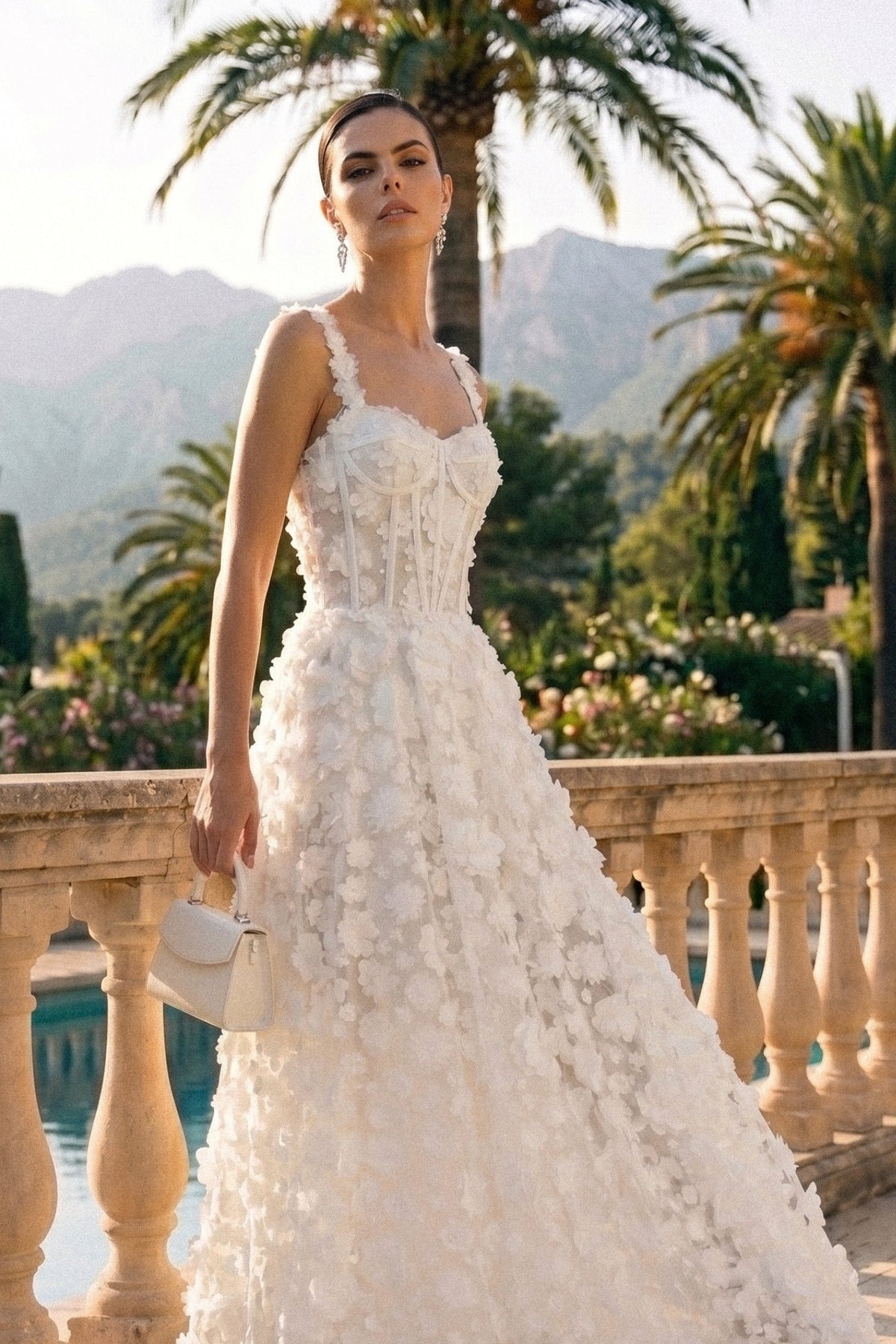 Floral Appliqué Maxi Dress With Corset Bodice - White