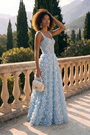 Floral Appliqué Maxi Dress With Corset Bodice - Blue