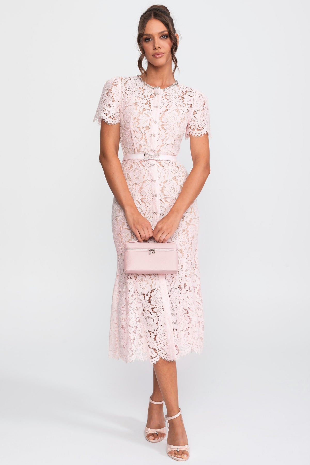 Elegant Floral Lace Fitted Dress with Button Detail and Scalloped Hem - Blush Pink