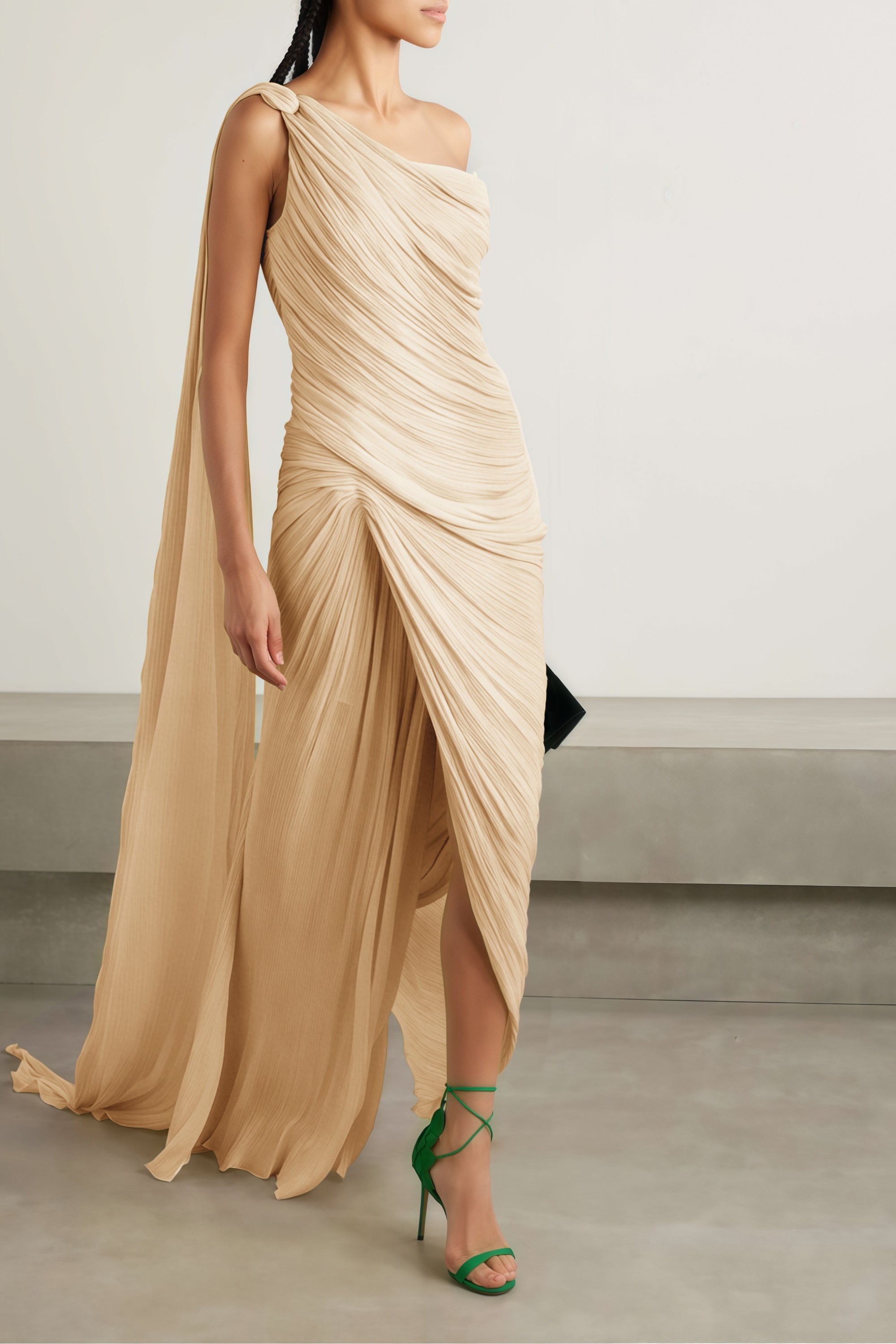 Meissa Neutral Asymmetrical Ruched Maxi Dress
