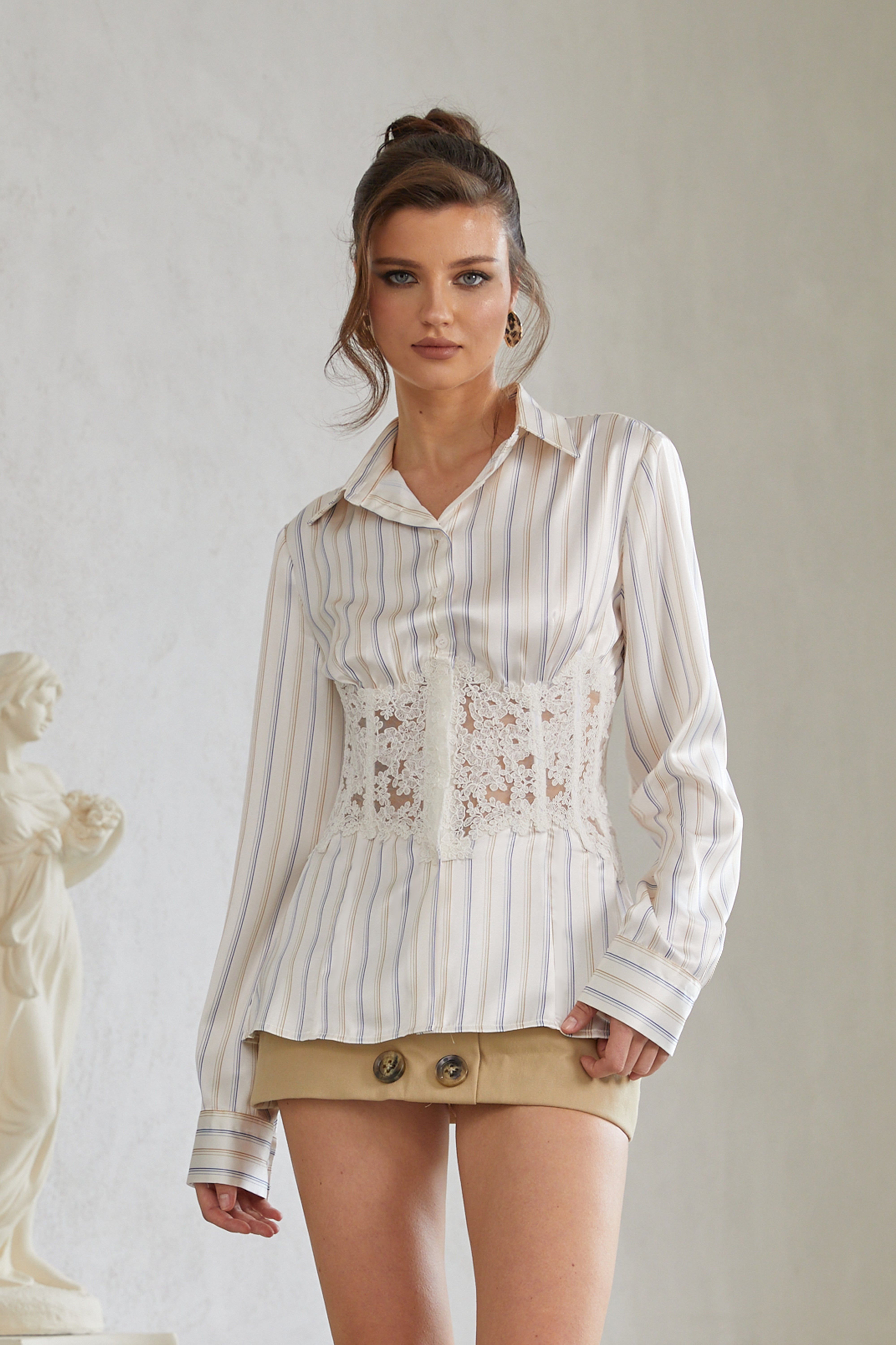 Wren White Lace Corset Panel Striped Button-Up Shirt