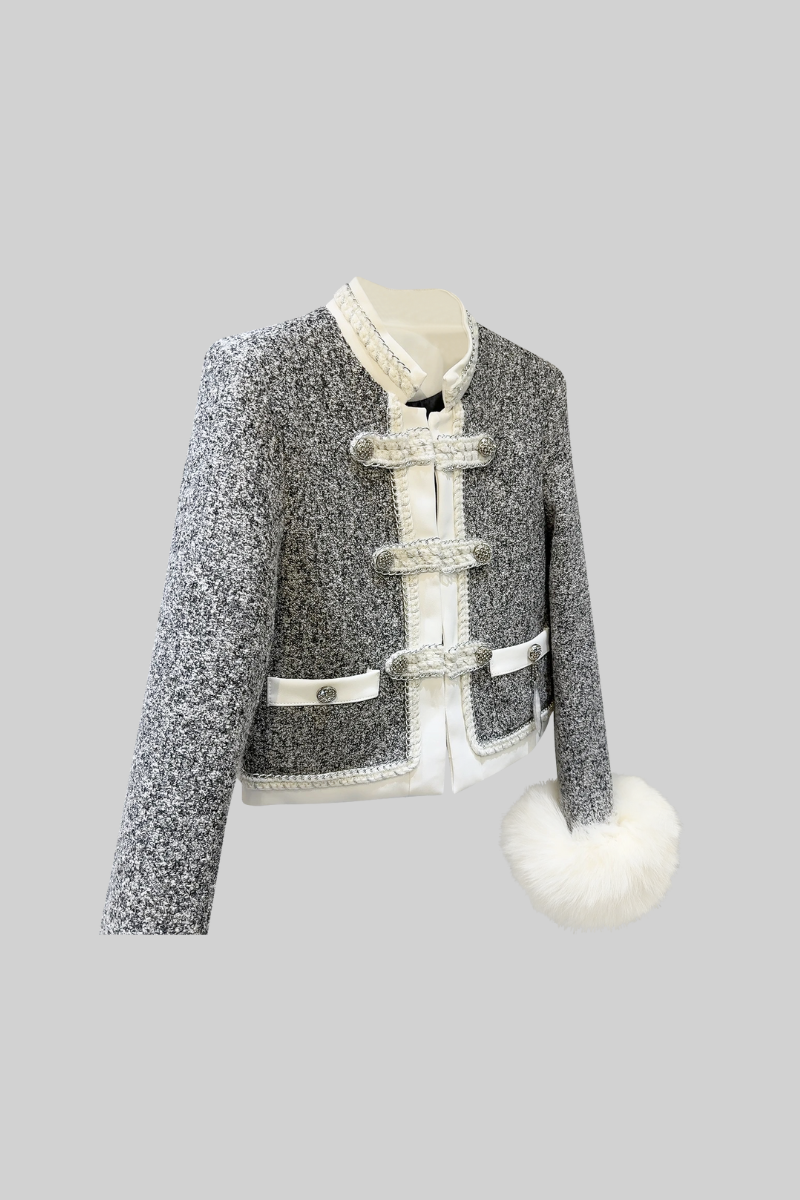 MARIANA Faux Fur Blazer with Military Details - Gray