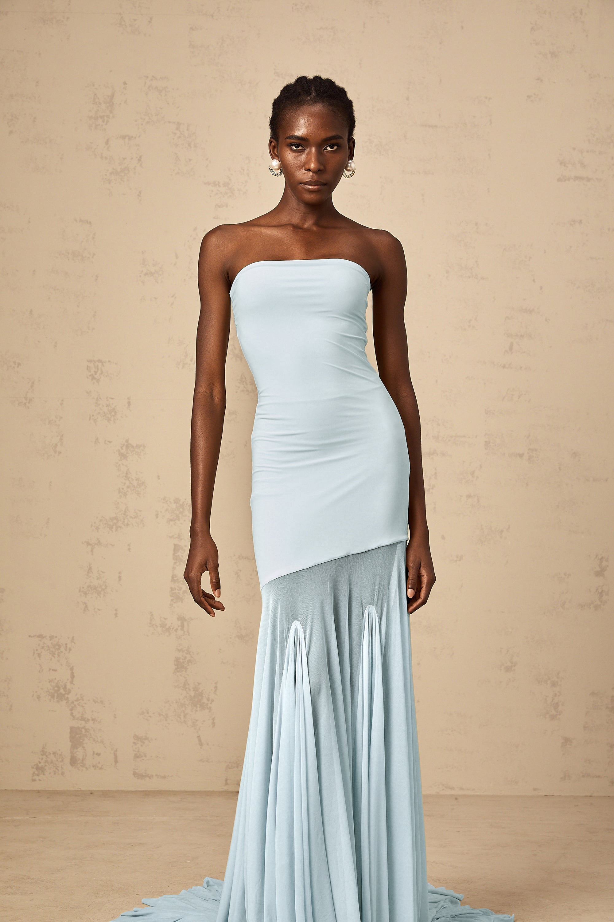 Josiane Blue Off-shoulder Sheer Tulle Maxi Dress