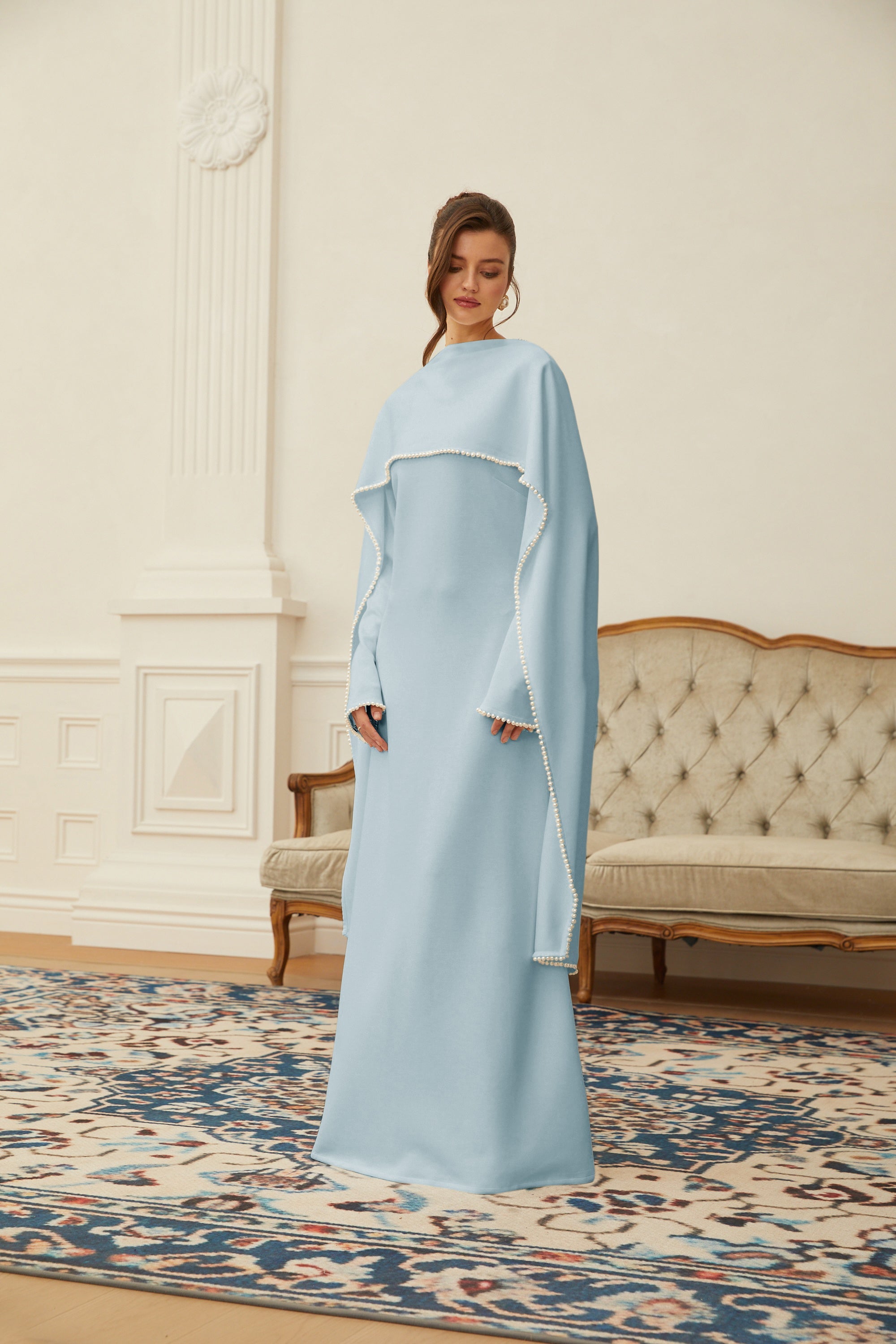 Piroska Blue Pearl Trim Shawl Detail Maxi Dress