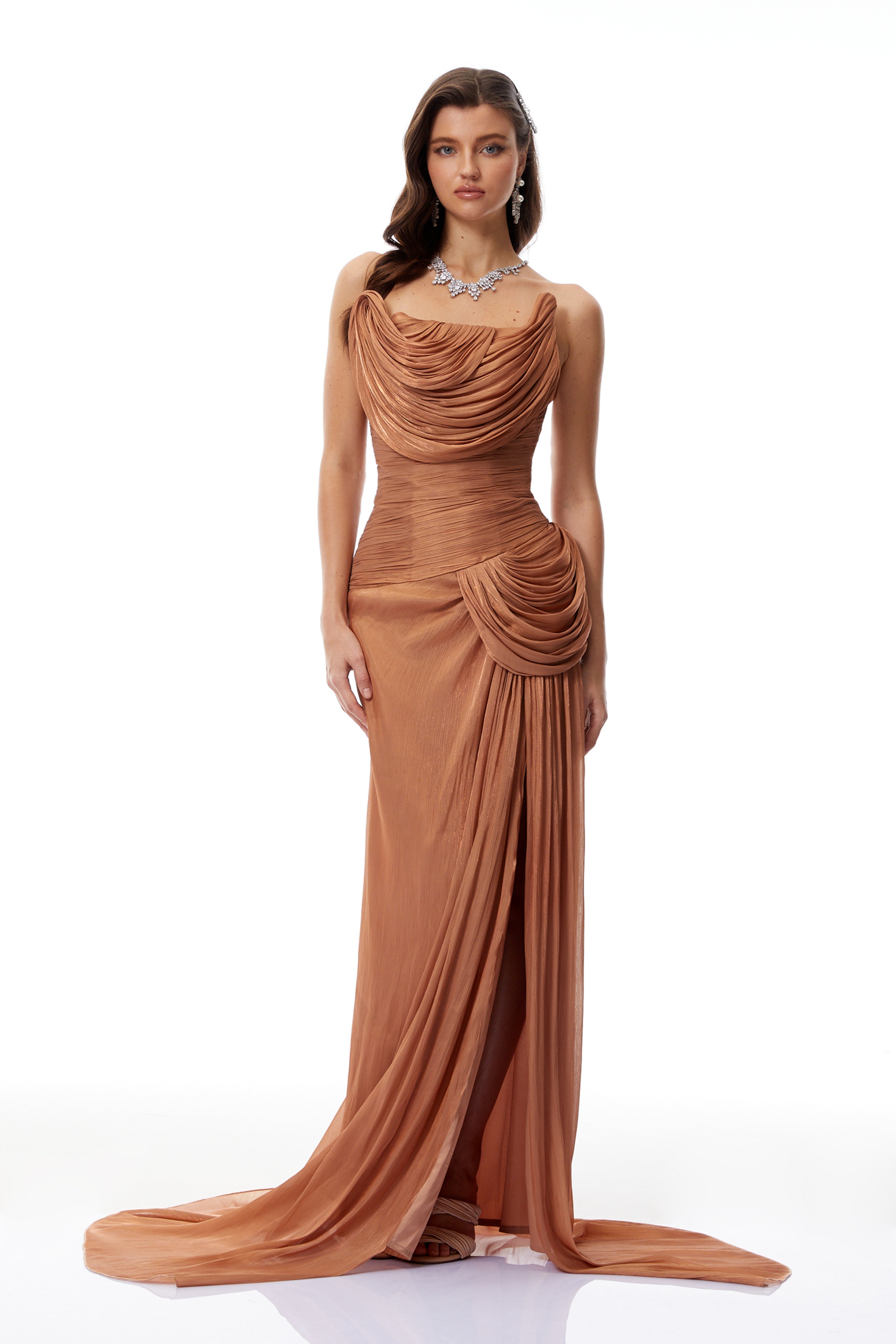 Gelsomina Gold Asymmetrical Glossy Gathered Maxi Dress (Final Sale-US Only)