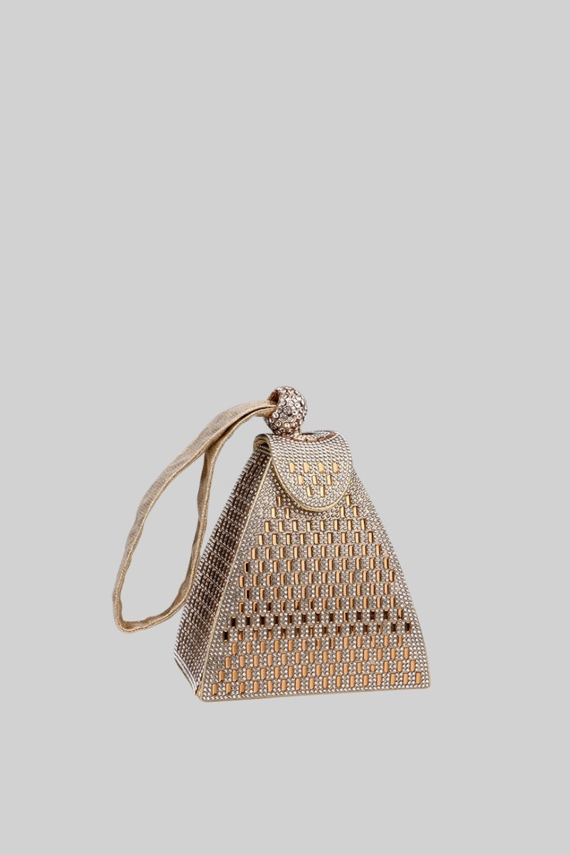 MARIELLA Metallic bag with golden stones in triangular model - gold