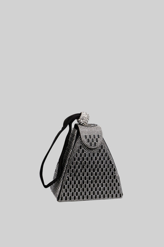 MARIELLA Metallic bag with golden stones in triangular model - Black