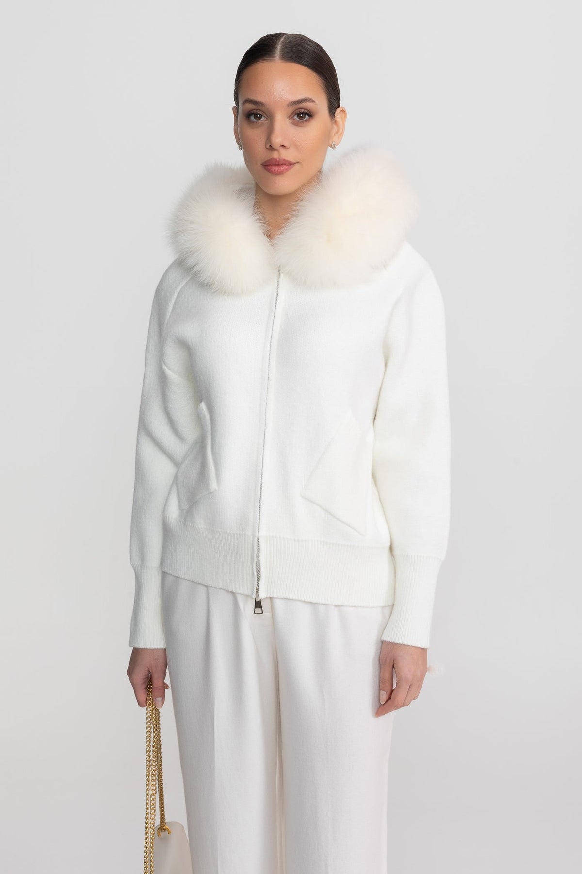 Valeriane Ivoire Zip-Up Wool Hoodie With Fox Fur Collar