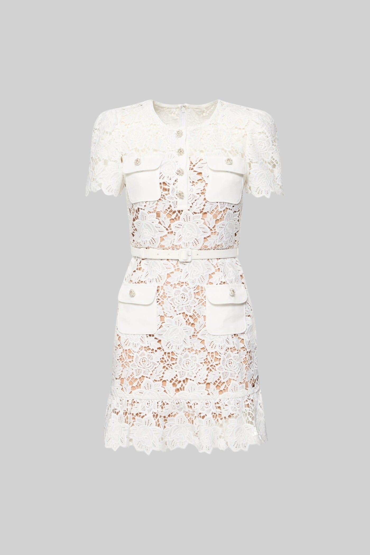 Short Sleeve Embroidered Floral Dress - White