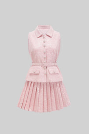 Sleeveless Textured Mini Dress With Pleated Skirt And Waistbelt - Pink