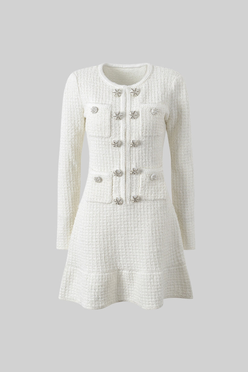 Florentine White Long Sleeve Knee-Length Knitted Dress