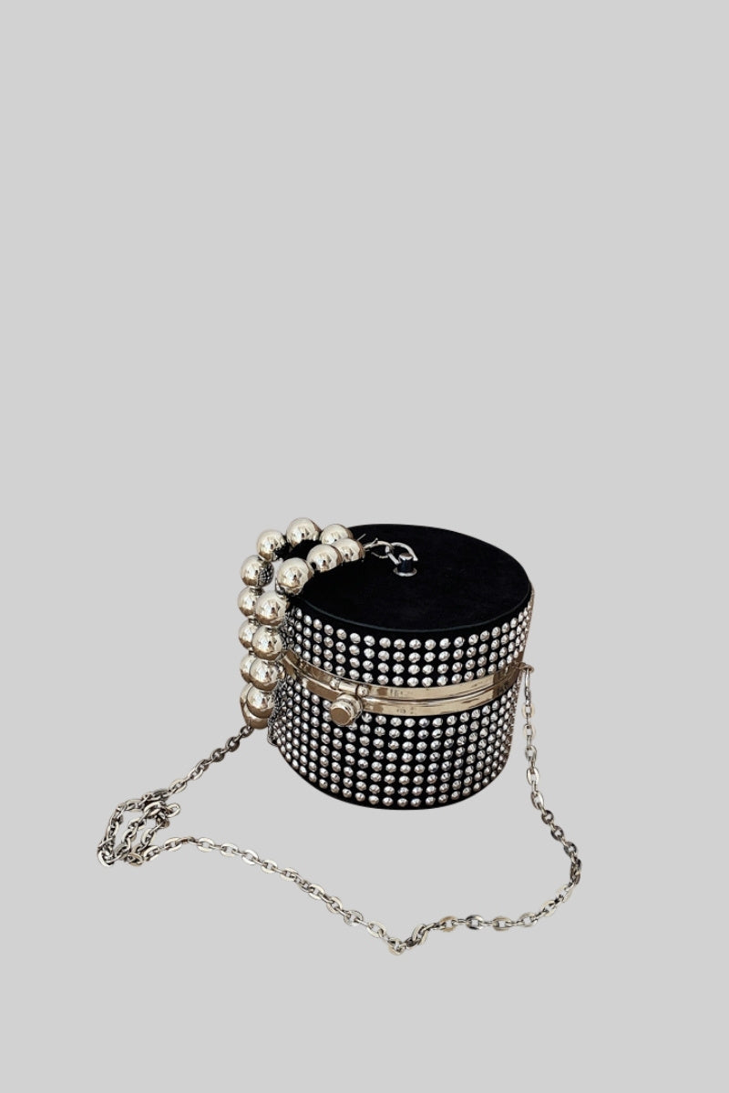 EMMELINE Circular Metallic bag with stones and pearls - Silver