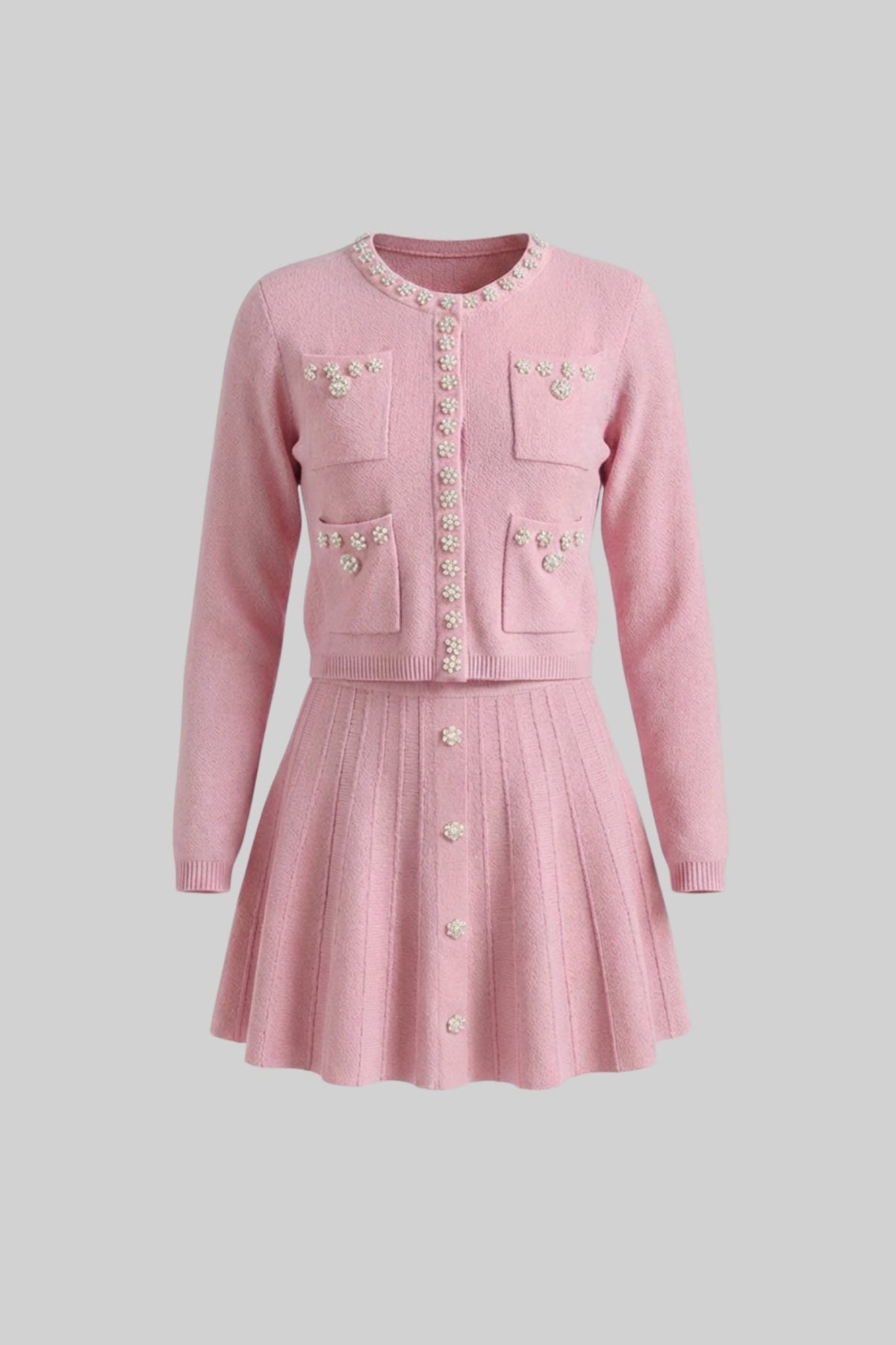 Delphine Blush Pink Knit Co-Ord Set With Long Sleeve Cardigan And Matching Mini Skirt