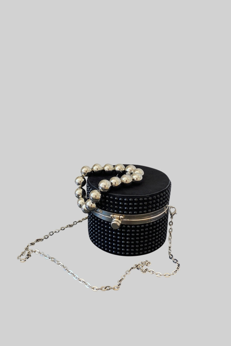 LAVINIA Circular Metallic bag with stones and pearls - Black