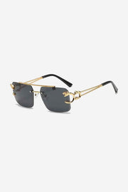 Rimless Square Sunglasses with Gold Panther Detail and Double-Bar Temples – Black