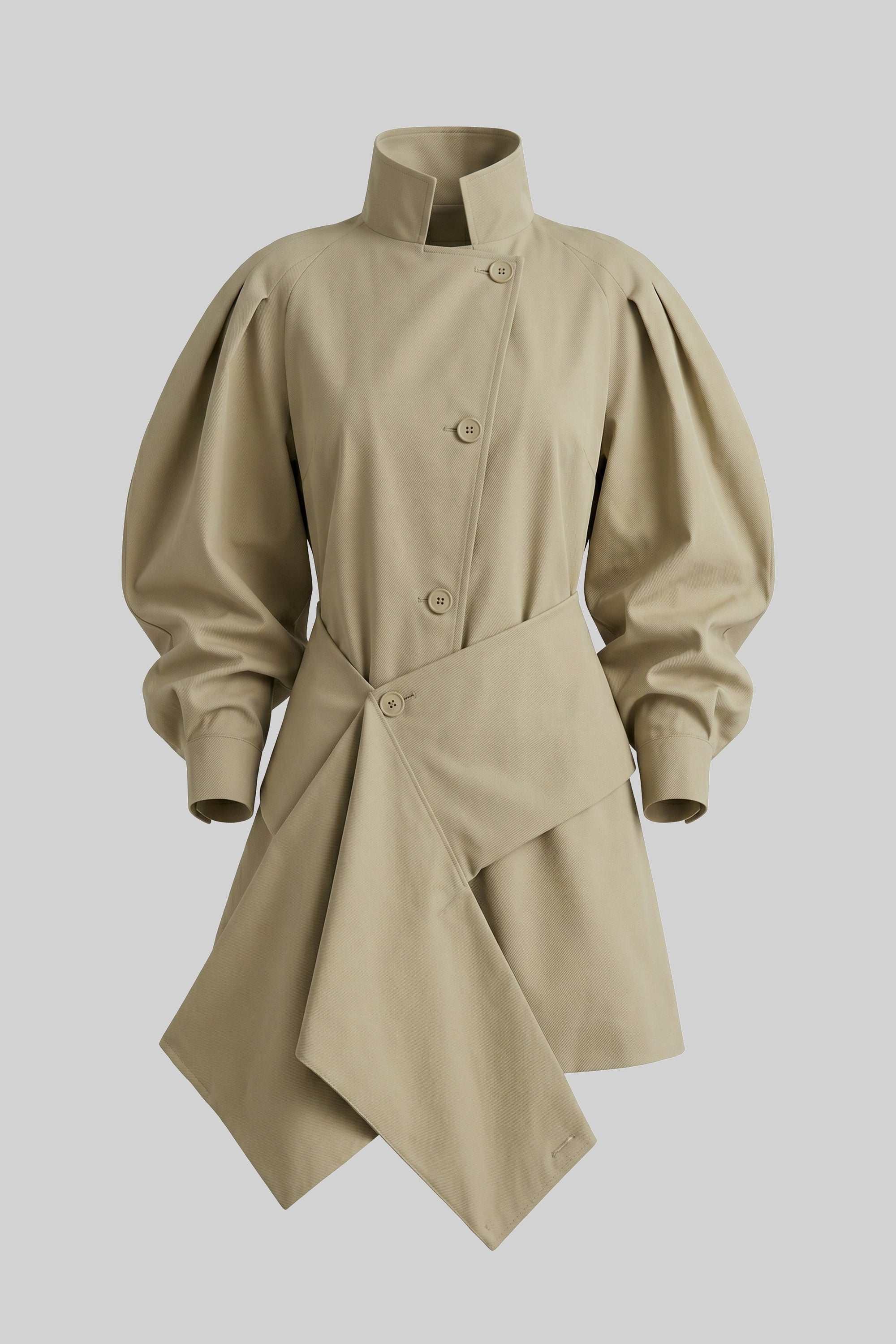 Oversized Balloon-Sleeve Belted Jacket With Asymmetric Hem - Khaki