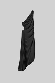 Elegant One Shoulder Dress With Ruched Texture And Circular Side Cut-Out - Black