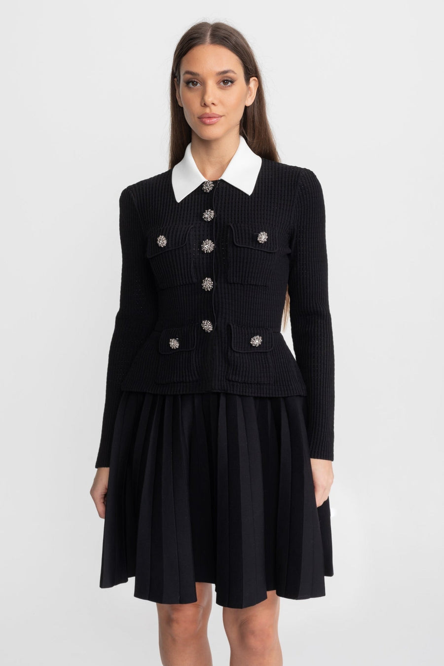 Paulette Black Ribbed Knit Mini Dress with Contrast Collar and Pleated Skirt