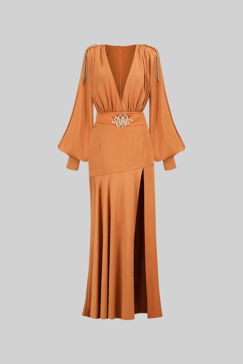 ELANI V-neck Maxi Dress with Golden Details - Caramel Brown