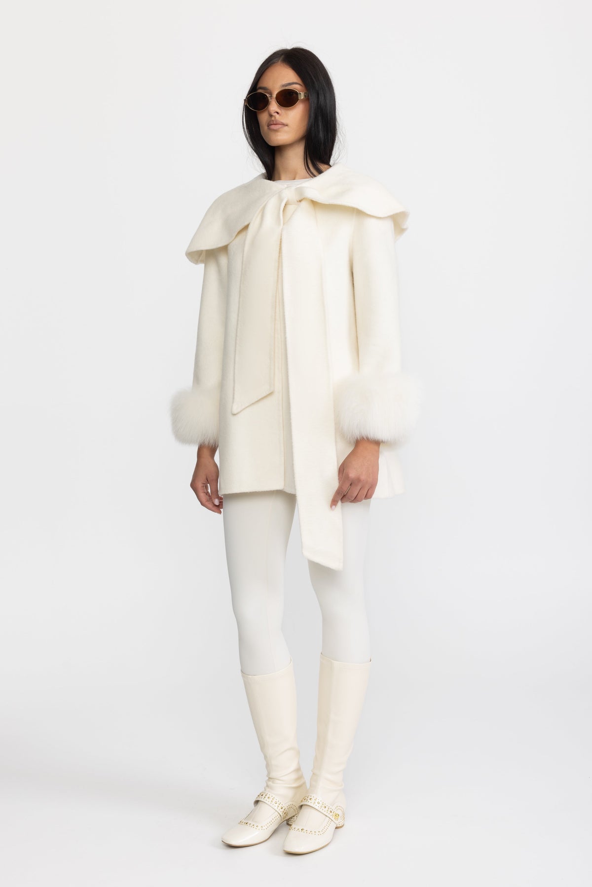 Capelet Collar Wool Jacket with Bow and Fur-Effect Cuffs - Ivoire