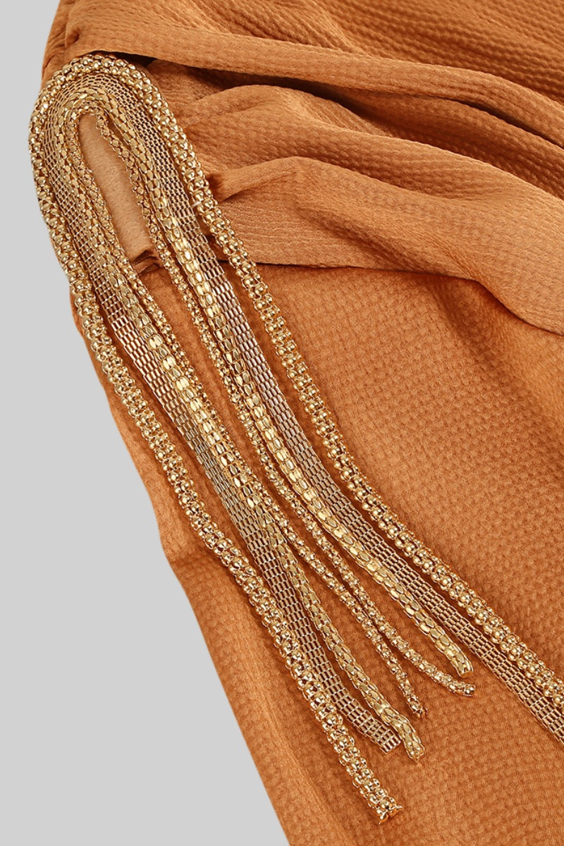 ELANI V-neck Maxi Dress with Golden Details - Caramel Brown