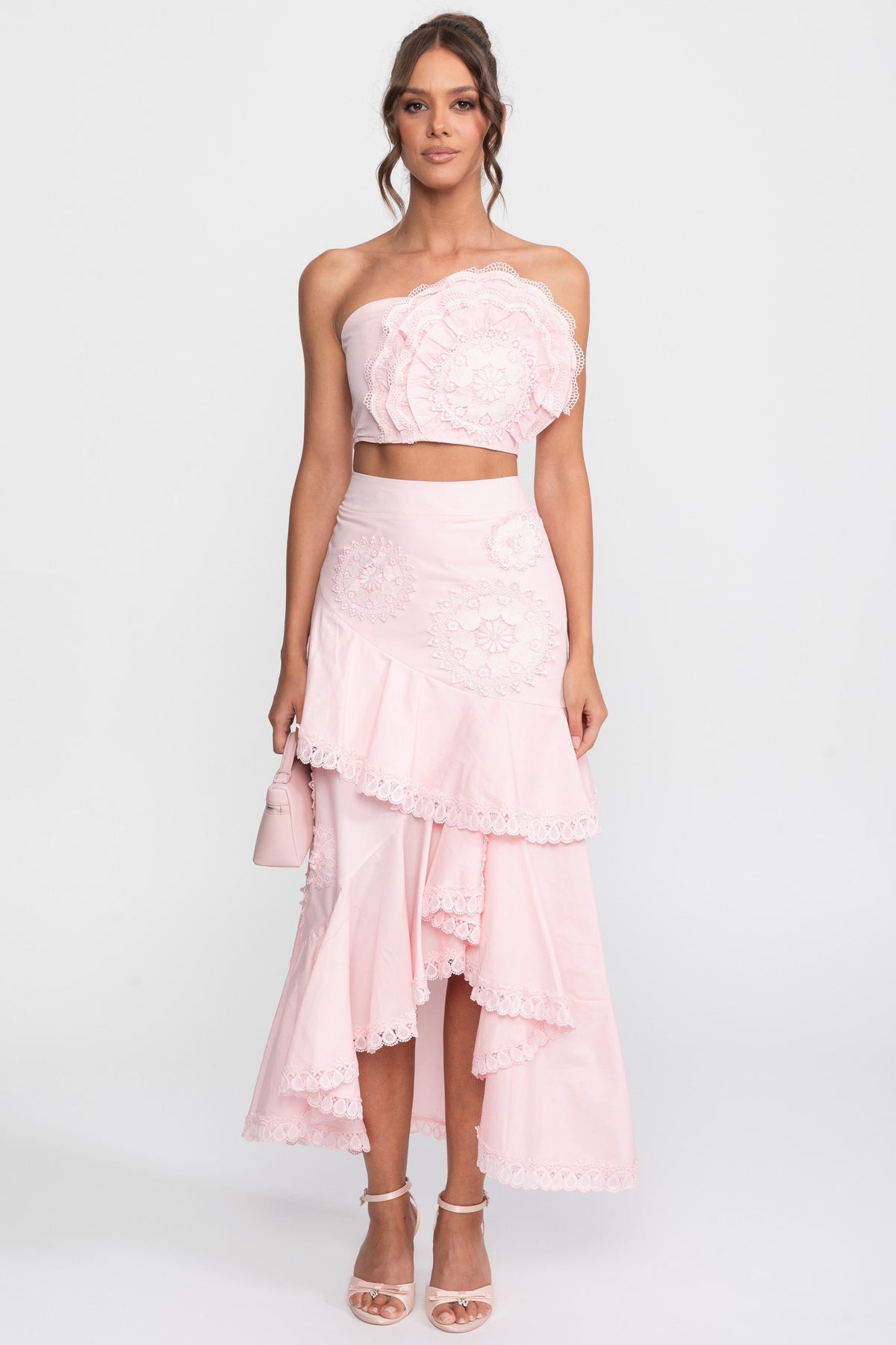Crochet Medallion Two-Piece Set With Ruffled Maxi Skirt - Pink