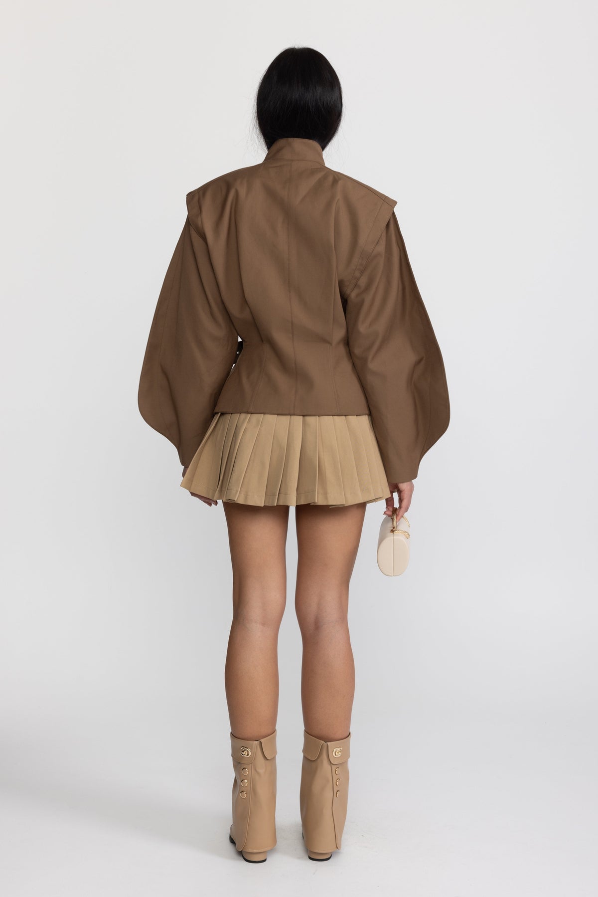 Structured Balloon Sleeve Wrap Jacket - Brown