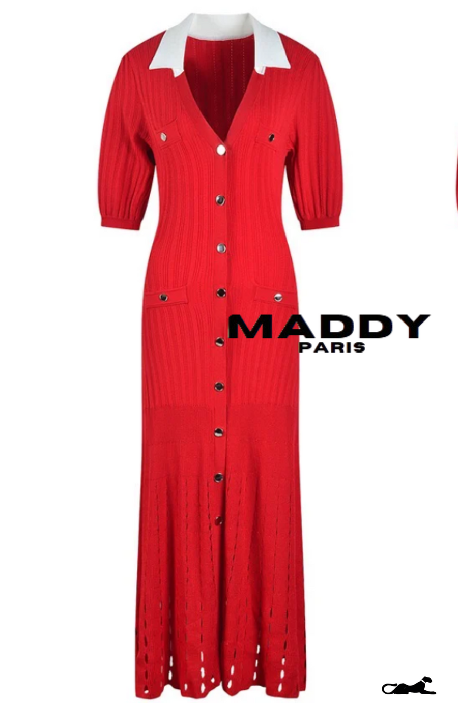 SANDRO VALERIE KNIT MIDI DRESS - RED & WHITE