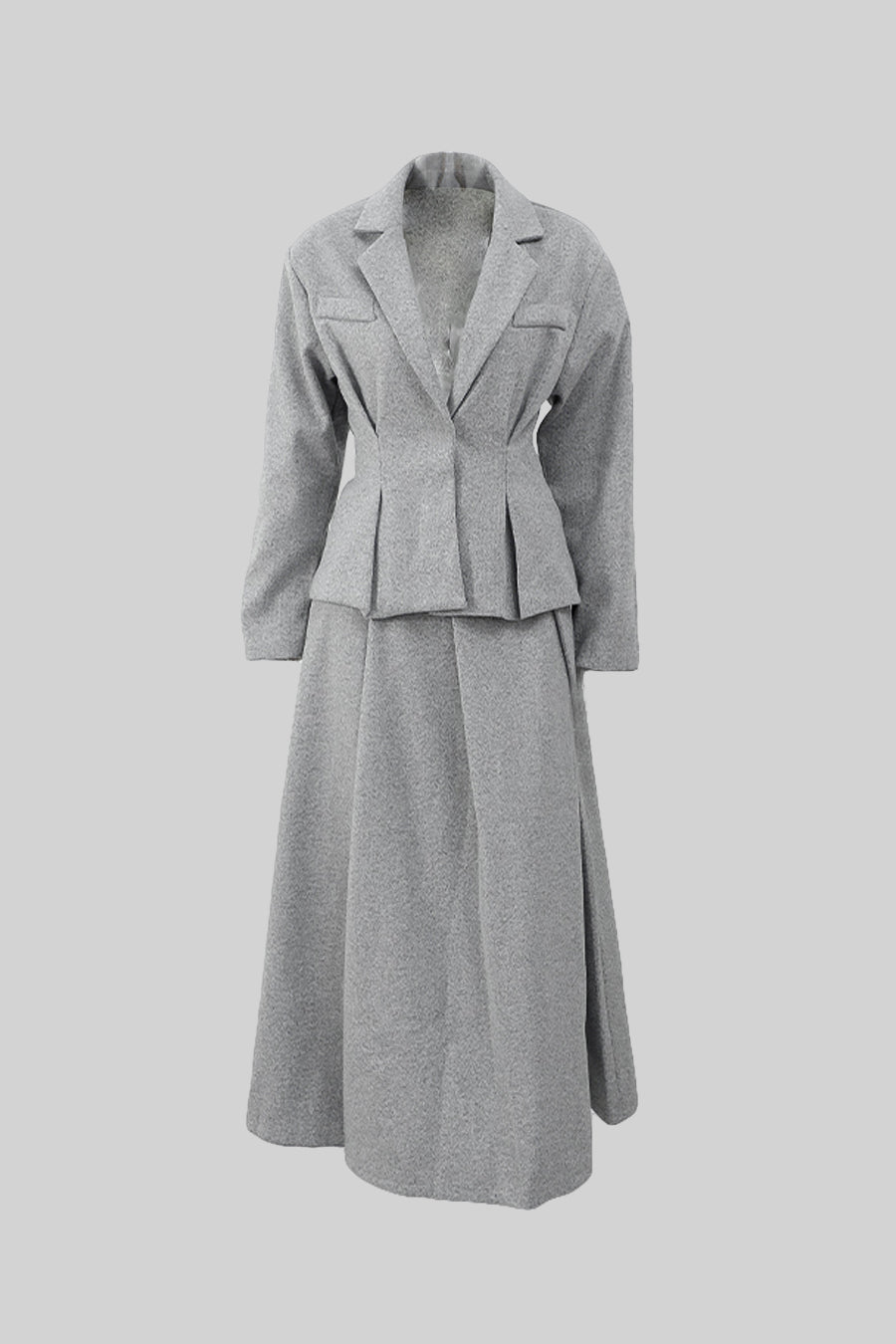 Elegant Two-Piece Tailored Blazer And Pleated Skirt Ensemble - Gray