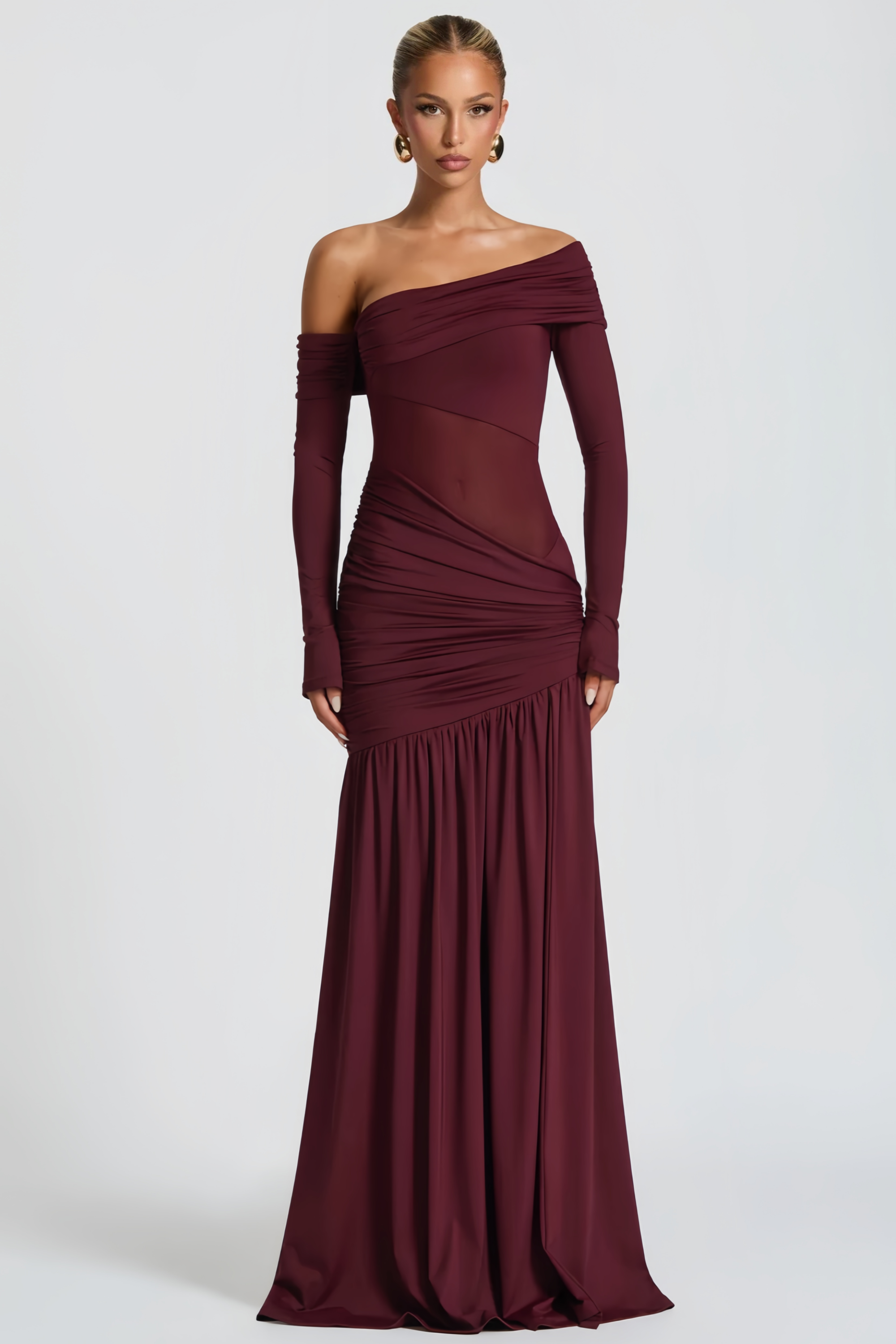 Anastasia Burgundy One Shoulder Gathered Maxi Dress (Final Sale-US Only)