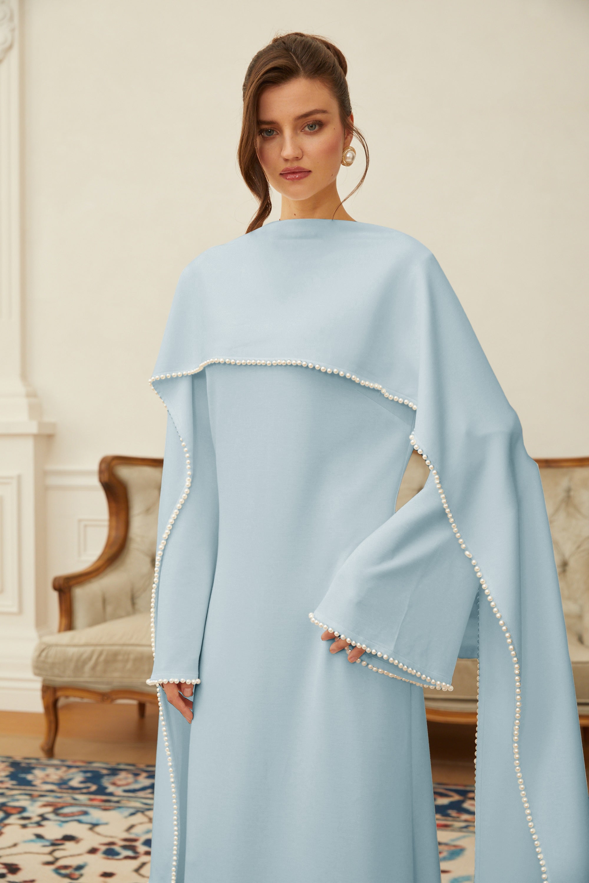 Piroska Blue Pearl Trim Shawl Detail Maxi Dress (Final Sale-US Only)
