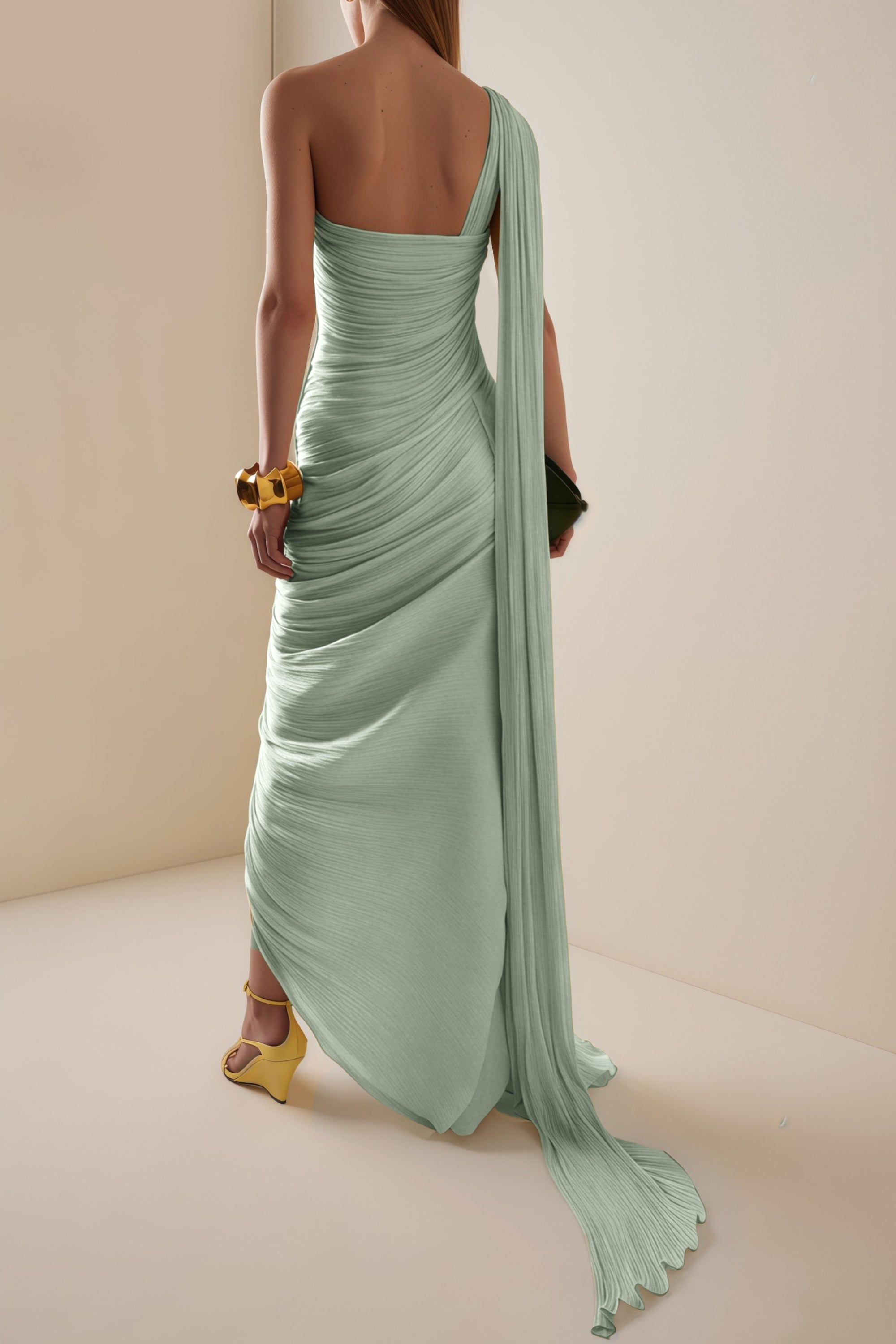 Meissa Green Asymmetrical Ruched Maxi Dress