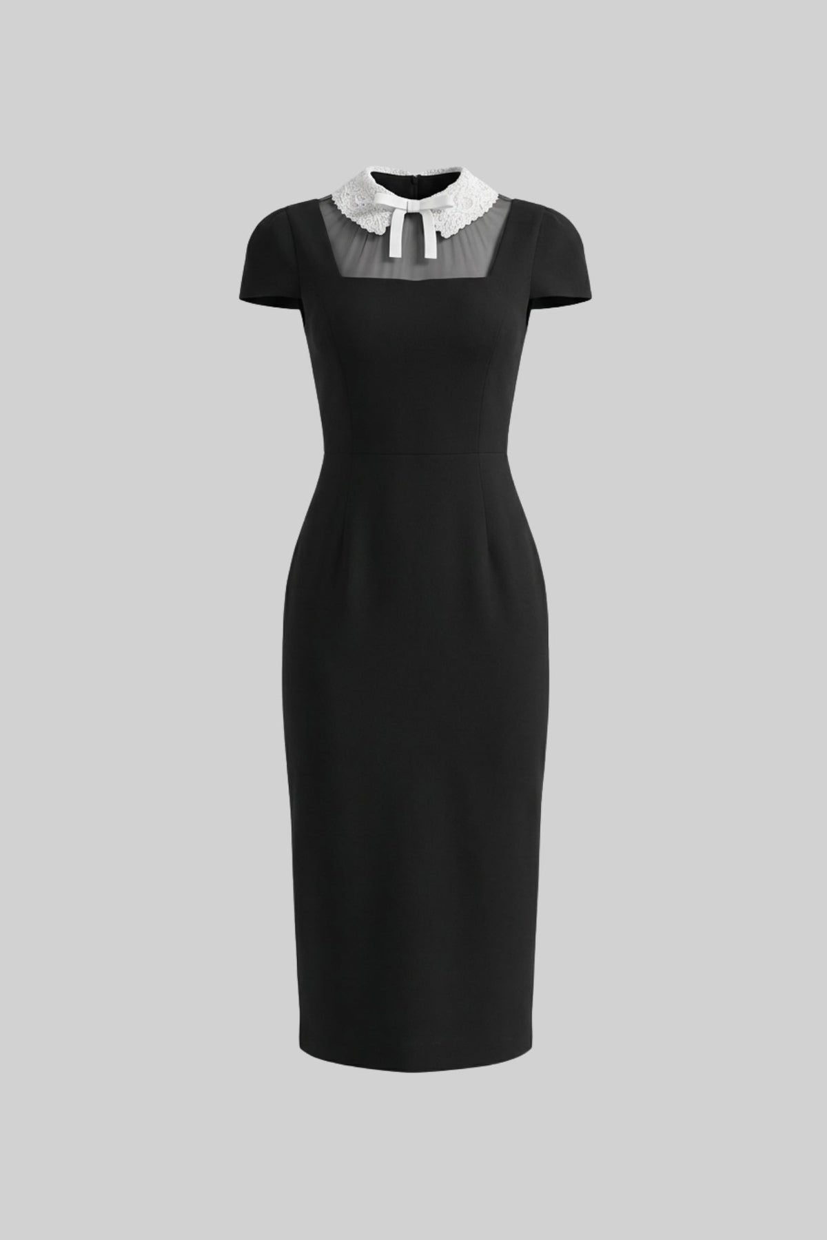 Cap Sleeve Midi Dress With Lace Collar Tie Detail - Black