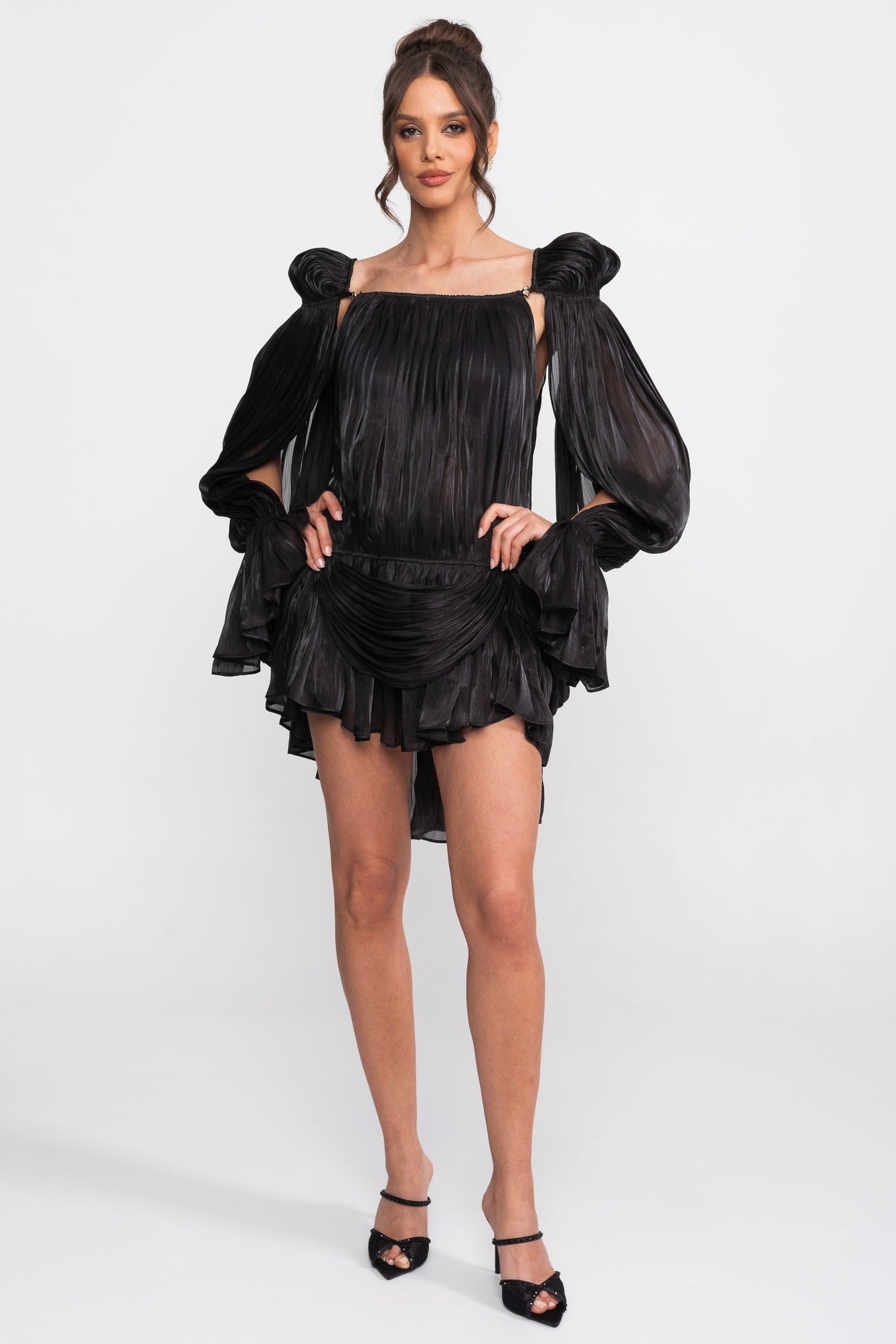 Sheer Draped Mini Dress With Cape Sleeves And Gold Clip Detail - Black