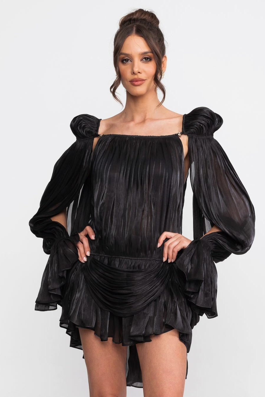 Sheer Draped Mini Dress With Cape Sleeves And Gold Clip Detail - Black