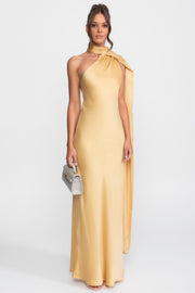 Twist Halter Satin Slip Dress With Asymmetric Neckline - Yellow
