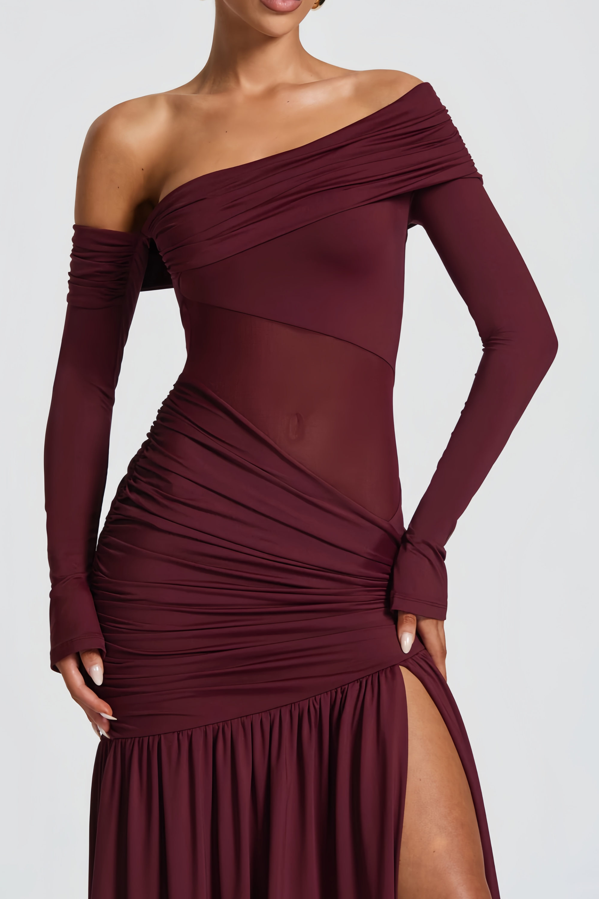 Anastasia Burgundy One Shoulder Gathered Maxi Dress (Final Sale-US Only)