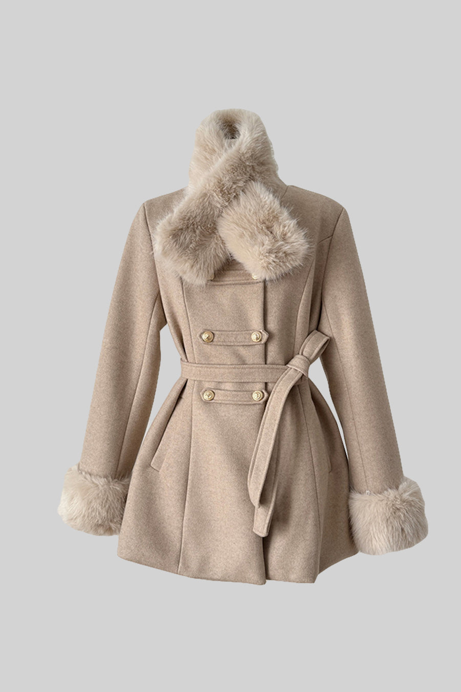 Double-Breasted Coat With Detachable Cape - Beige
