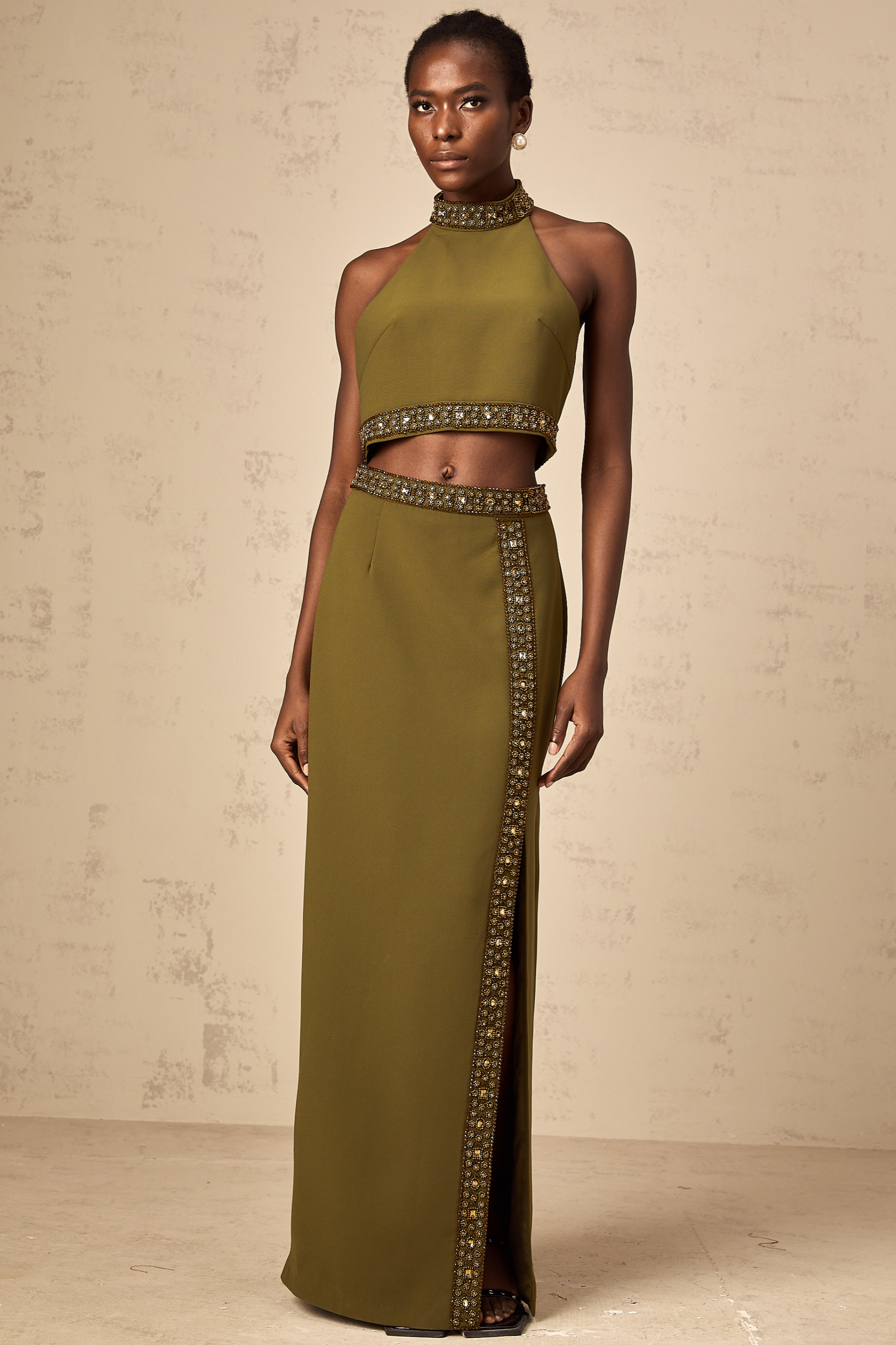 Daisy green beaded-trim top & skirt matching set (Final Sale-US Only)