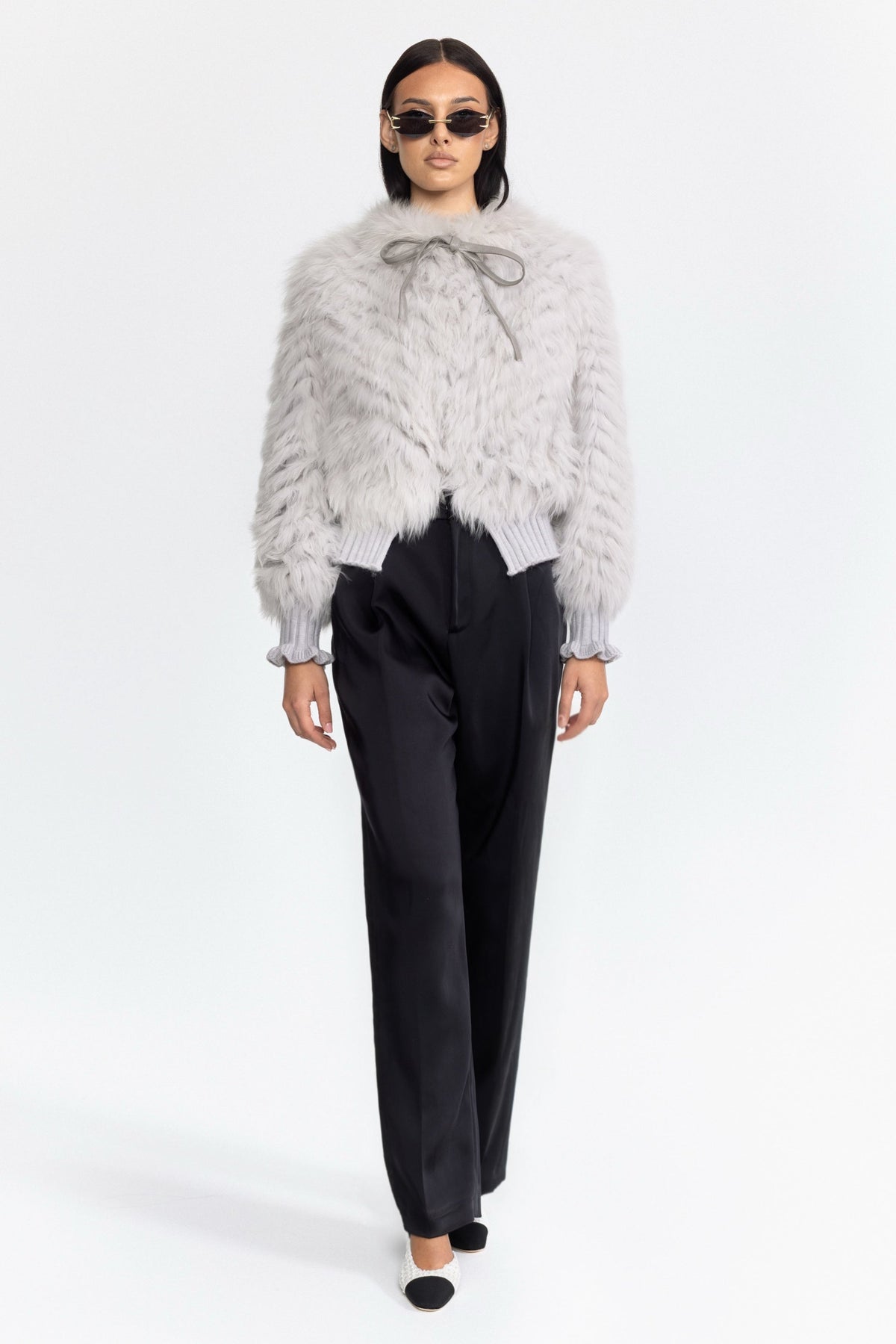 Knitted Fox Fur Bomber Jacket with Tie Neck - Grey