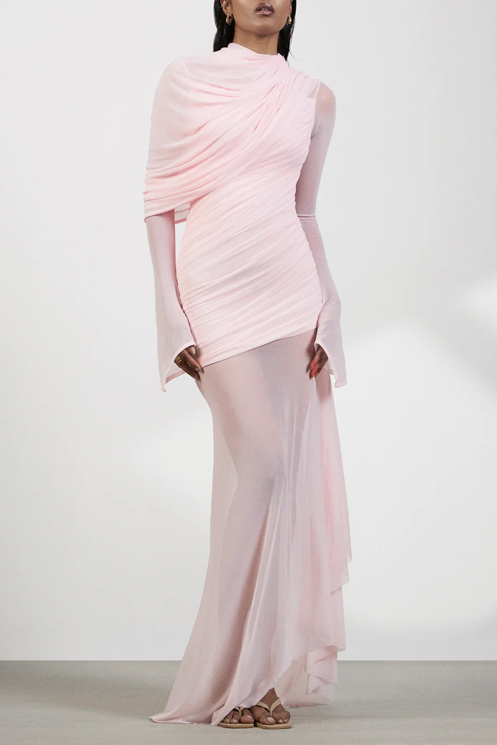 Garance Pink Asymmetrical Ruched Mesh Maxi Dress