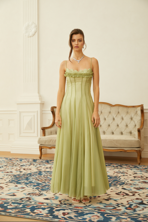 Seraphina Ruffled Shirred Tulle Maxi Dress