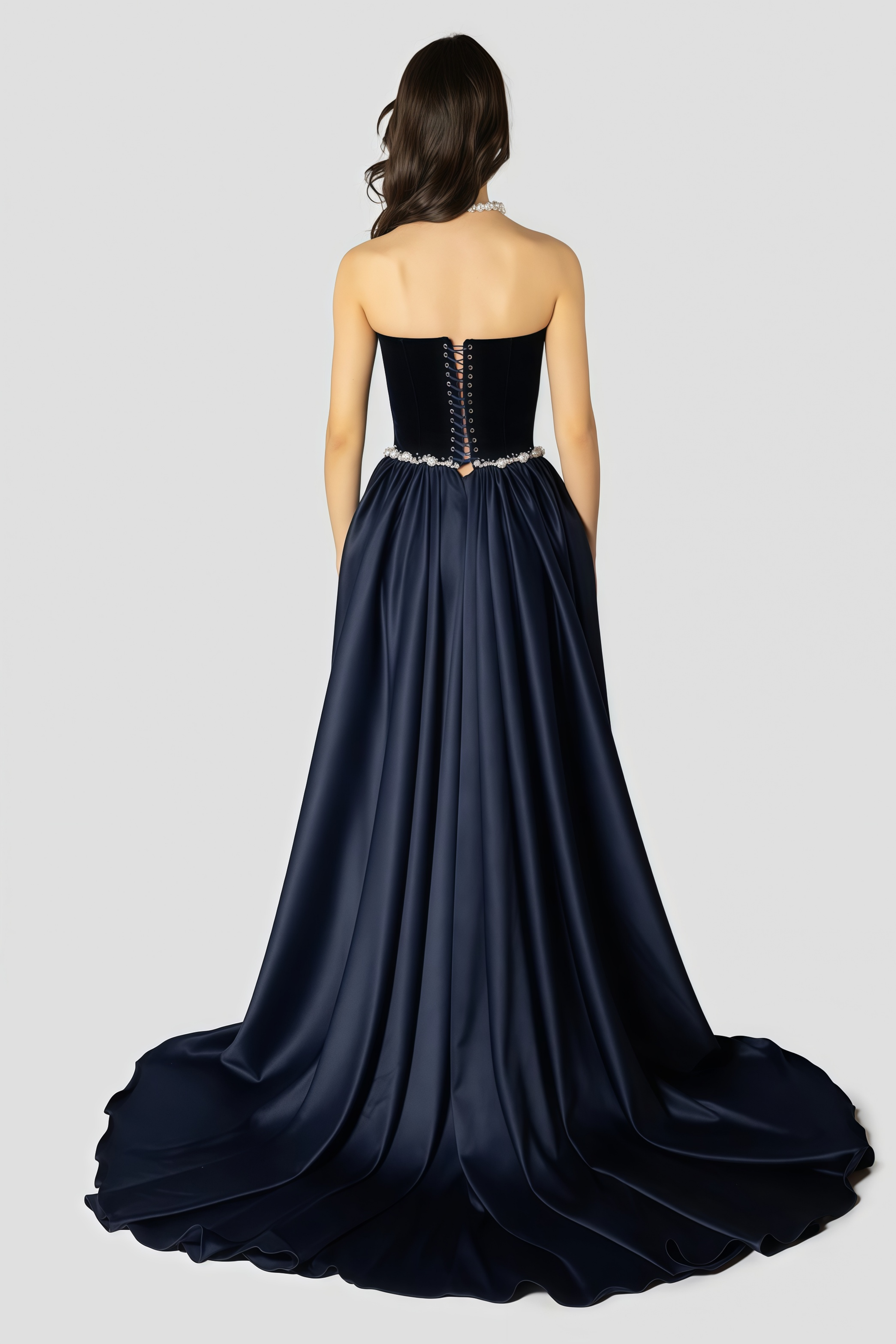 Raffaella Sapphire Pearl Trim Velvet Maxi Gown