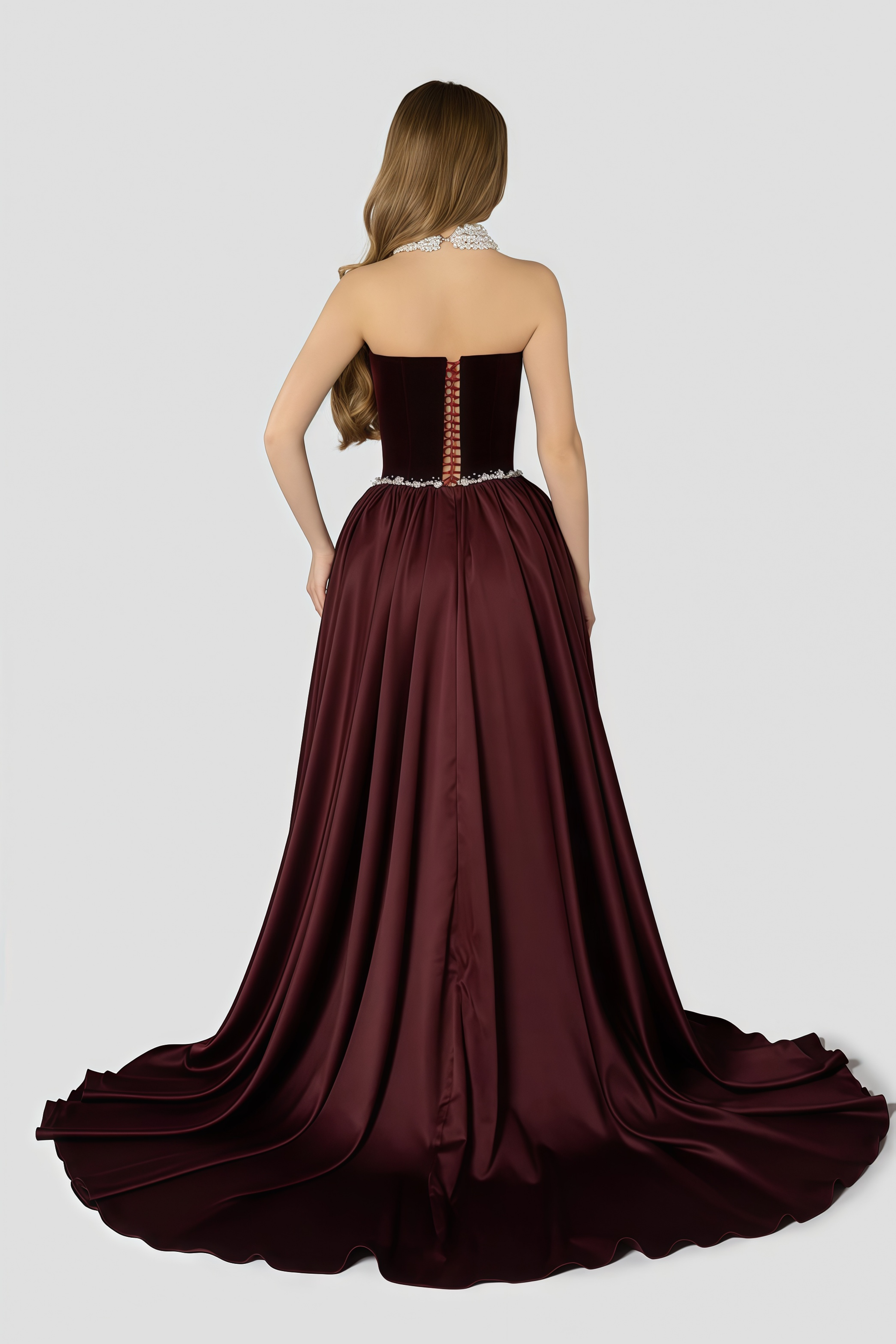 Raffaella Burgundy Pearl Trim Velvet Maxi Gown