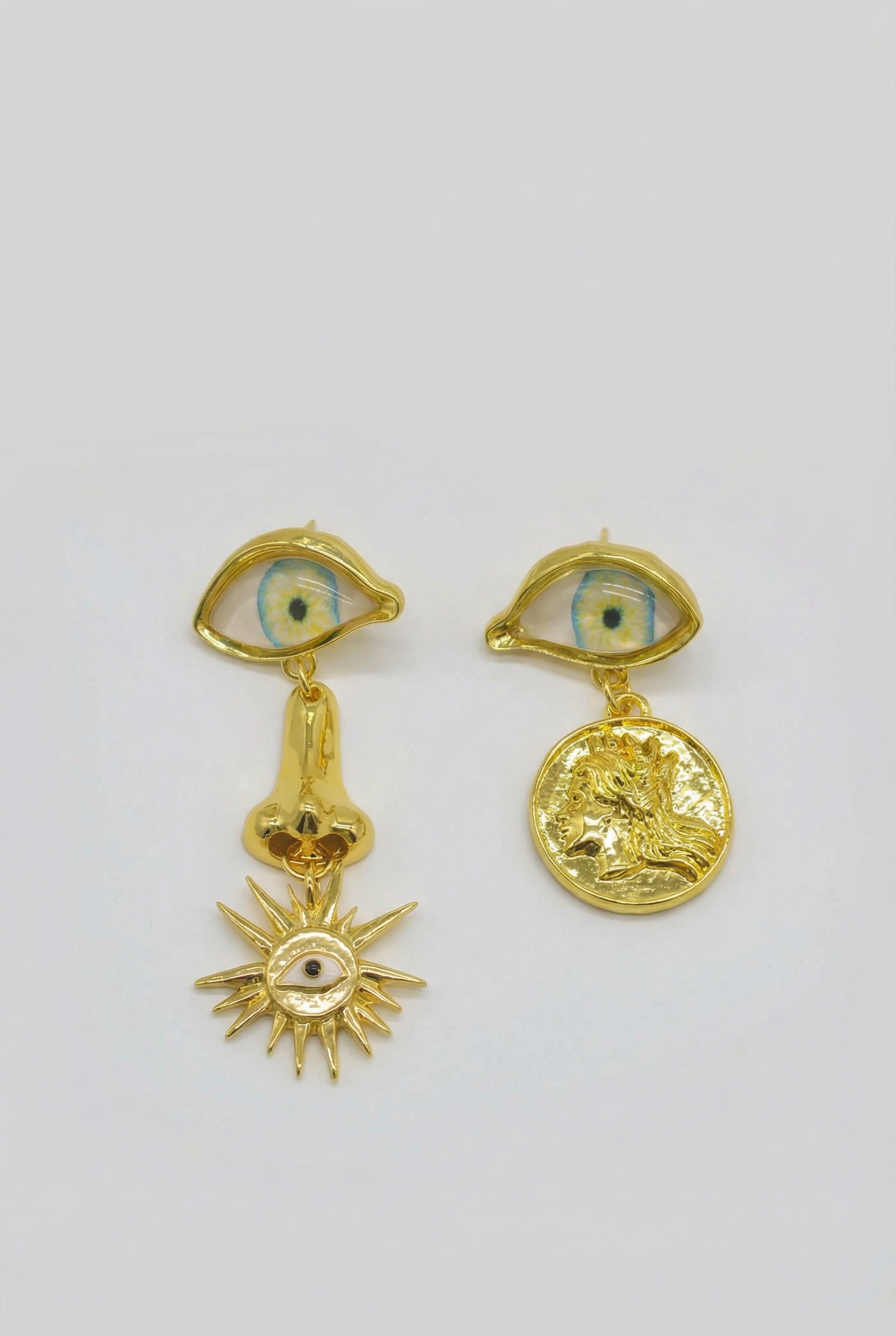 Statement Drop Earrings with Eye Motif and Symbol Charms – Gold