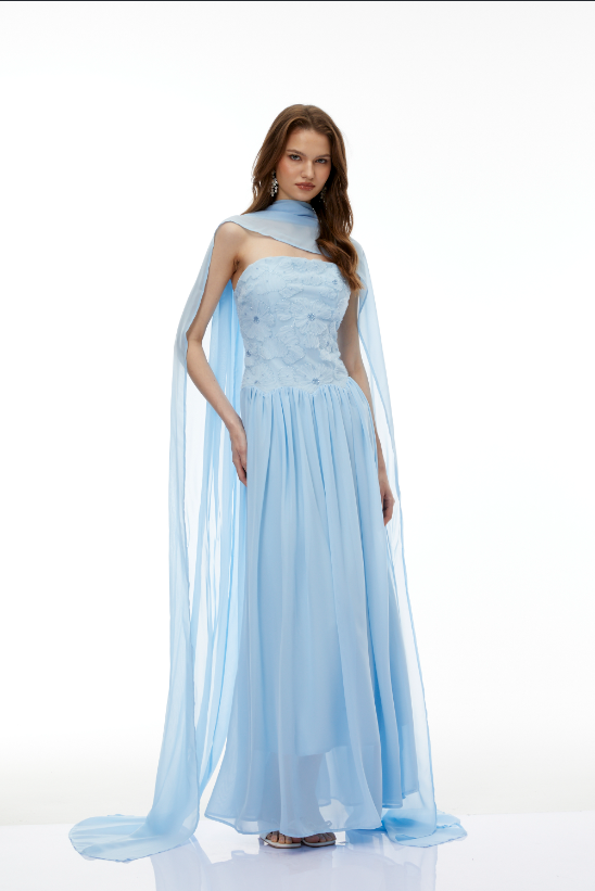 Dobromila Blue Floral Embroidered Pleated Maxi Dress