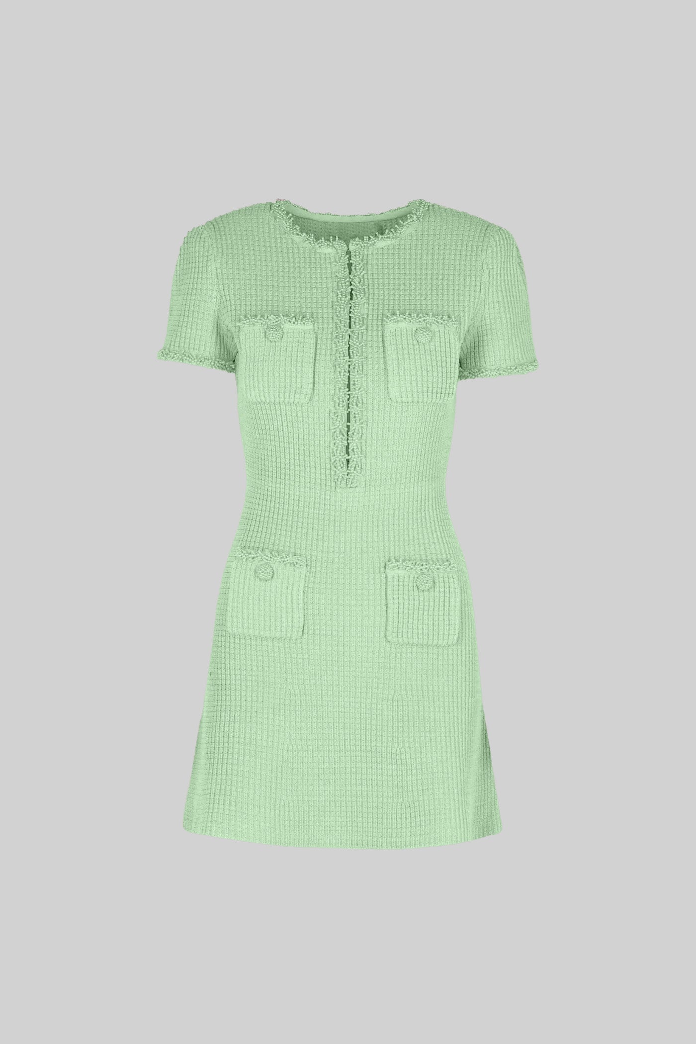 Tweed Mini Dress With Short Sleeves And Buttoned Front Closure - Green