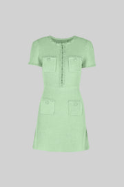 Tweed Mini Dress With Short Sleeves And Buttoned Front Closure - Green